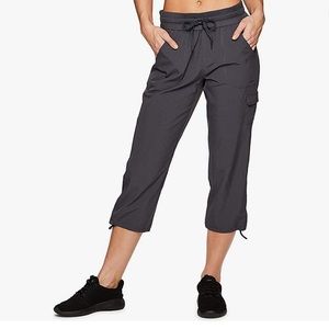 RBX Active Women's Cargo Lightweight Woven Capri Pant, charcoal size small